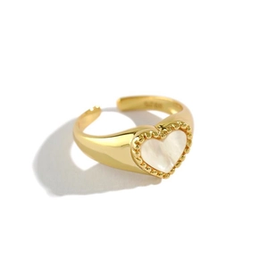 S925 silver shell heart open ring with vintage gold plating and beaded edge design