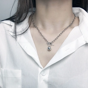 Minimalist silver beaded pendant necklace with OT clasp and thick chunky chain link