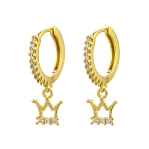 Elegant gold crown drop huggie earrings featuring sparkling cubic zirconia stones