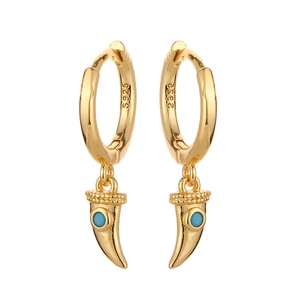 Gold s925 silver hoop earrings with horn shaped blue turquoise stone pendants