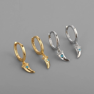 Wolf Tooth Pendant Hoop Earrings With 925 Sterling Silver Earring Post Copper Body Turquoise Green Zircon Fashion Jewelry