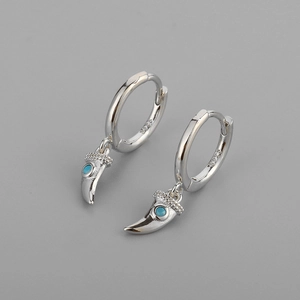 S925 sterling silver hoop earrings with wolf tooth charm and green zircon stones