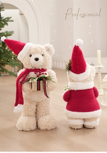 Detailed front and back views of Christmas teddy bear plush with red scarf and hat