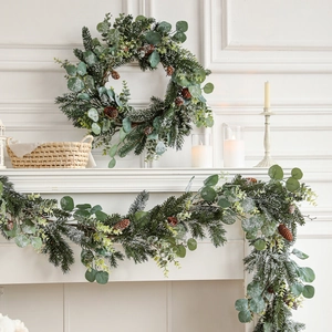 Christmas Wreath Garland Faux Eucalyptus Pine Needle Pinecones Snow Frosted Winter Festive Home Decor