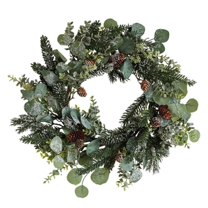 Christmas wreath with artificial pine needles, eucalyptus leaves and natural pine cones