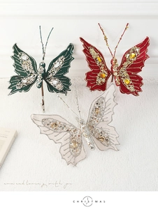 Detailed view of sequined butterfly clips in red, green, and white for Christmas decor