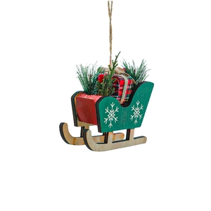 Christmas wooden sleigh hanging ornament with green snowflakes and gift box decor