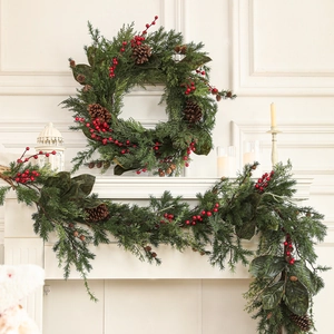 Weihnachts Kranz Girlande Künstliche Kiefernnadeln Rote Beeren Naturzapfen Waldstil Feiertag Haus Wand Kamin Dekoration