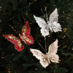 Glitter Sequin Butterfly Christmas Tree Ornament With Metal Clip Fabric Rhinestone Butterfly Decoration For Holiday Party Home Decor