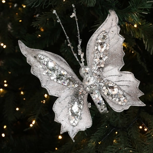 Sparkling silver butterfly Christmas tree ornament with sequins and large gemstones