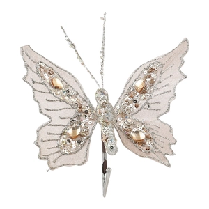 Pink butterfly Christmas clip with silver sequins and amber gems on a white background