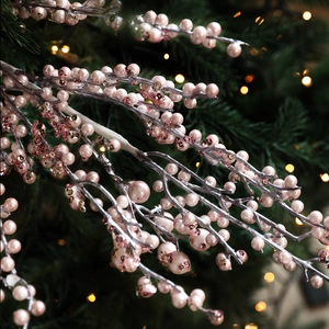 Sparkly pink Christmas berry picks with glitter and pearls for tree decoration