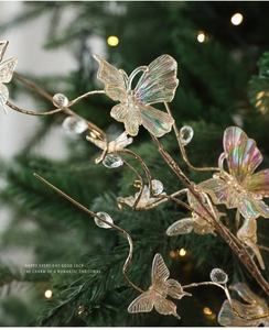 Iridescent butterfly Christmas ornament with golden branch and clear crystal beads