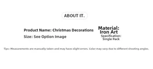 Detailed product specifications for iron Christmas ornament with velvet bow and bell