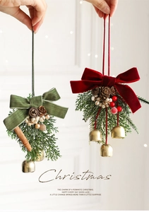 Christmas velvet bow pendant with pine cone and bell hanging decoration on a tree