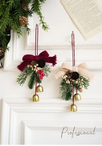 Christmas velvet bow pendant with pine cones, berries and metal bells for tree decor