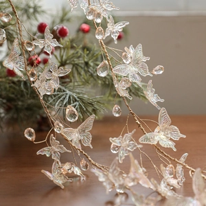 Iridescent Butterfly Christmas Decoration Crystal Garland Vine Branch Wreath With Transparent Artificial Pearls Beads For Party Wedding Home Decor