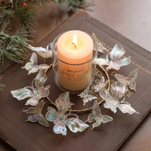 Iridescent butterfly Christmas wreath ornament with gold wire and pearl accents