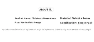Detail specifications of Christmas bird decoration showing foam and velvet material data