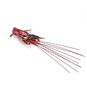 Realistic red artificial bird ornament with sequins and long feathers for Christmas tree deco
