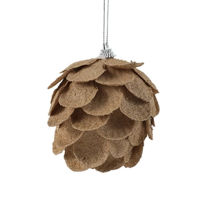 Adorno navideño marrón con forma de piña con tapa plateada y cordón para colgar