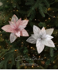 Detail of pink and white hollow mesh poinsettia flowers with glitter on Christmas tree