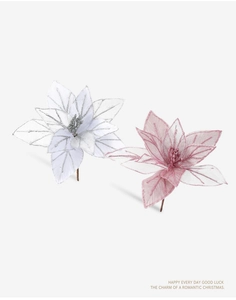 Detailed view of hollow mesh Christmas flowers with glitter edges and sequins in pink and white