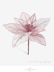 Detail of light pink artificial Christmas poinsettia with glitter petals and stem