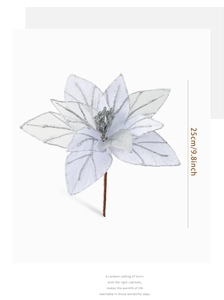 Detail view of a 25cm white artificial Poinsettia with silver glitter and a 9.8 inch stem