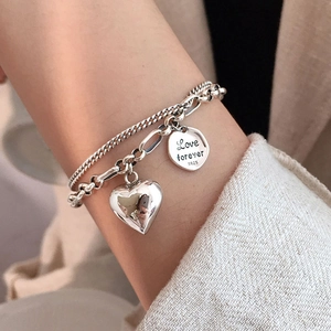 Double Layer Bracelet Heart Pendant Round Tag Love Forever Retro Punk Hip Hop Jewelry S925 Silver Plated