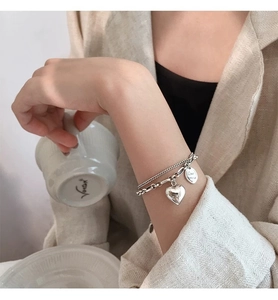 Double-layered S925 silver bracelet featuring heart pendant and Love Forever engraving