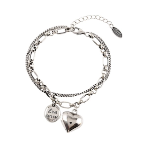 S925 sterling silver double-layer heart bracelet with Love Forever engraved round charm