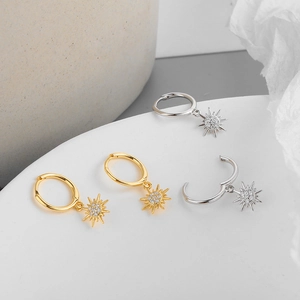 S925 sterling silver star hoop earrings with sparkling zircon pendant in gold and silver