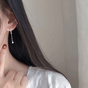 Elegant long silver tassel earrings with zircon studs and teardrop crystal pendant