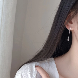 Silver long chain tassel earrings with zircon studs and water drop crystal pendant