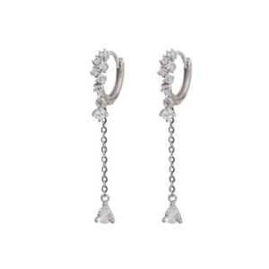 Silver long chain tassel earrings with zircon waterdrop charms and sparkling crystals