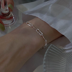 Hammered texture silver double-layer bracelet with sparkling starlight chain for women