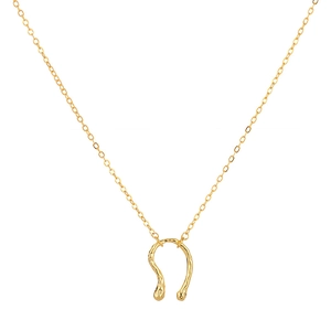 Elegant gold horseshoe pendant necklace with hammered texture finish on a white background