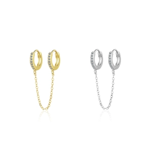Boucles d'oreilles double créoles S925 en argent avec chaîne et zircone, or et argent