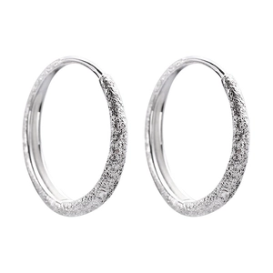 Frosted silver hoop earrings with shimmering glitter finish and secure needle clasp