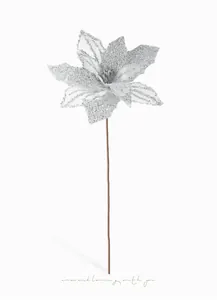 Detailed view of silver glitter poinsettia flower with sparkling mesh petals for Christmas decor