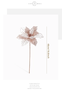 Champagne gold artificial Christmas flower with sparkling glitter finish and dimensions label