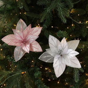 Hollow Out Glitter Artificial Poinsettia Flowers For Christmas Tree Decoration Fabric Mesh Simulation Flowers DIY Home Decor