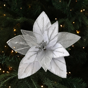 Sparkling silver glitter poinsettia flower for Christmas tree decoration with mesh petals
