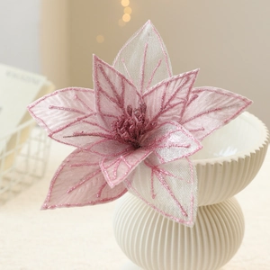 Pink glitter mesh poinsettia flower ornament for Christmas tree decor in a white vase
