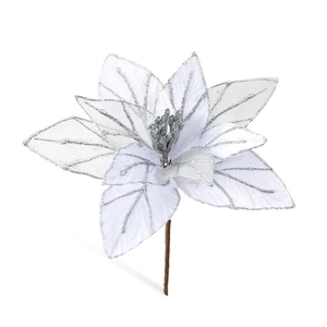 White artificial Christmas flower with silver glitter details and a long brown stem