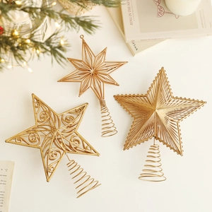 Three-piece set of gold hollow Christmas tree star toppers with spiral metal wire base