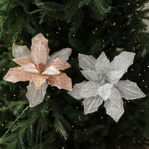 Artificial Christmas Poinsettia Flowers Glitter Mesh Fabric Sparkling Floral Picks For Tree Decorations Holiday Party Home