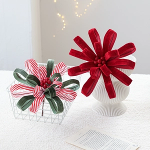 Velvet Christmas Flower Ribbon Bow With Red Berries Decorative Pick Ornament For Xmas Tree Party Home Decor Wedding Accessory