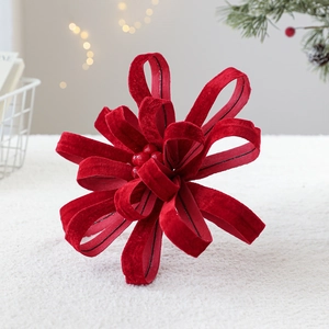 Luxury red velvet Christmas flower ornament with berries and green pine decorations